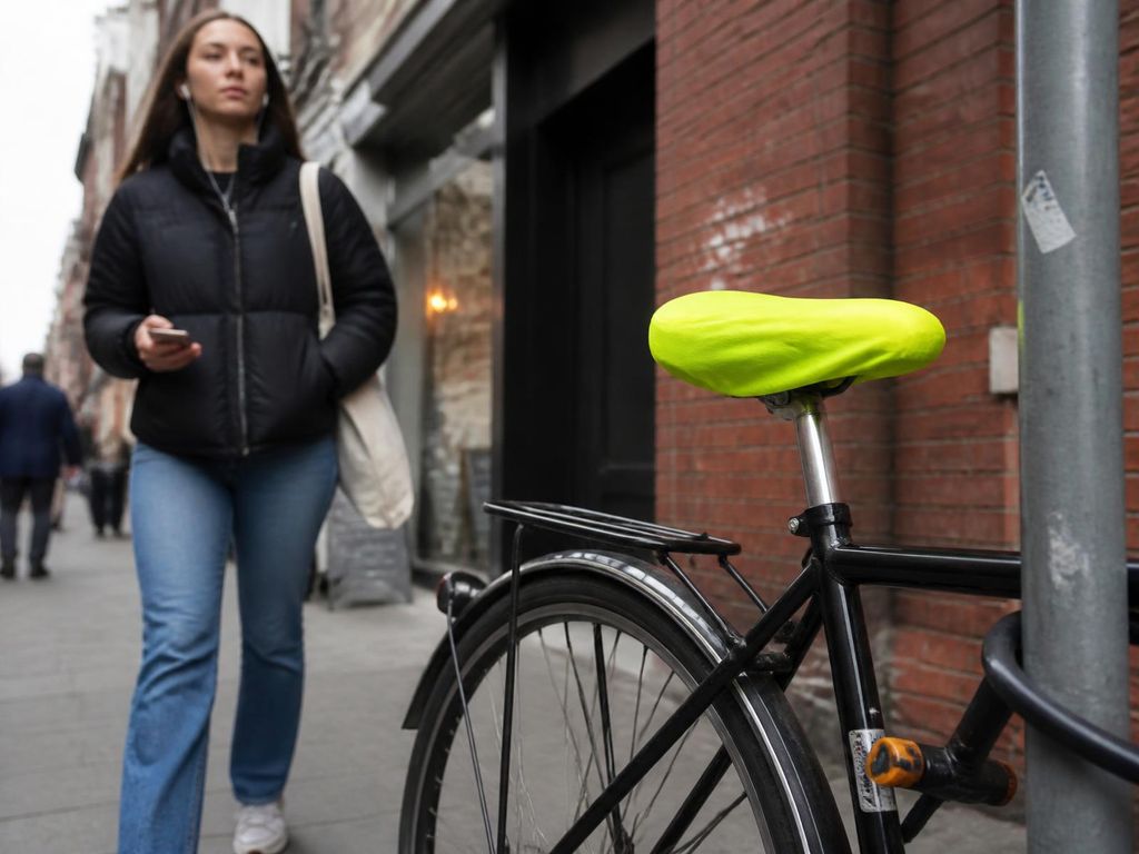 Pedestrian-level view of branded bikes on a city street