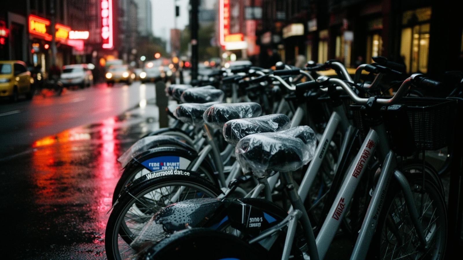 Branded bicycle seat covers on bikes parked along a rainy NYC street at dusk