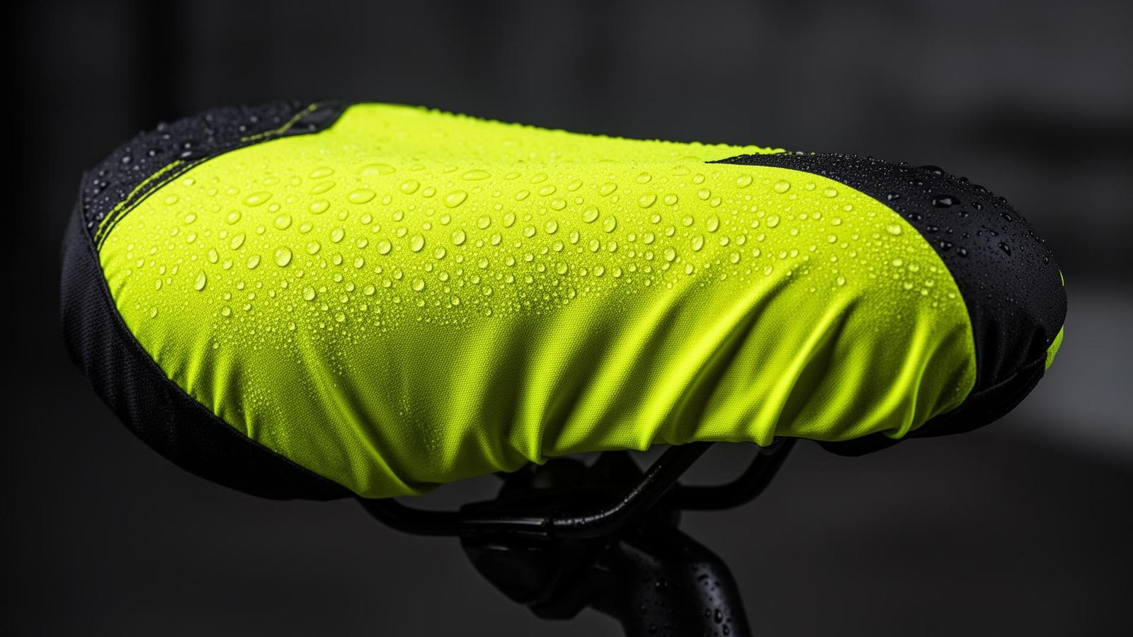 Close-up of a waterproof neon yellow bicycle seat cover with water droplets